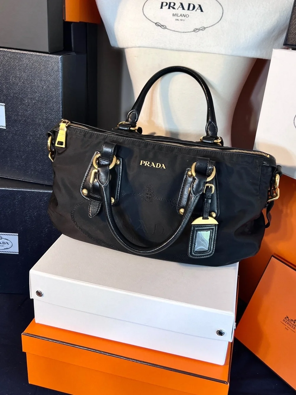 Prada⭐️ Black Nylon Gold Top-Handle Satchel! Prada embroidery!⭐️ Offers welcome!